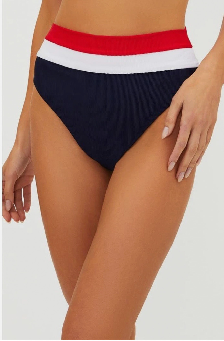 BEACH RIOT Heidi Bikini Bottom Medium Americana Colorblock Blue High Waist NWT